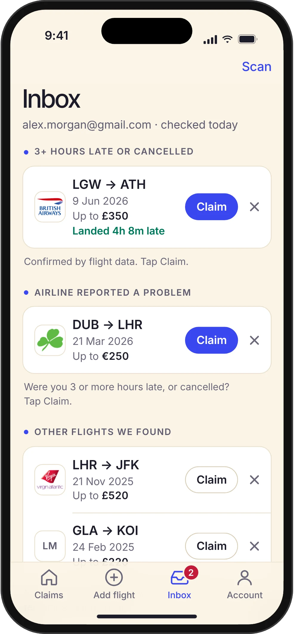 Money Badger's inbox screen, listing flights found in airline emails, with the ones that look worth claiming at the top.